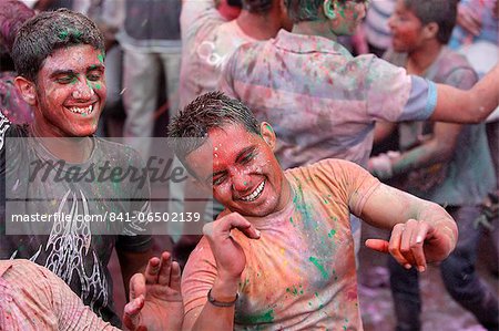 Men celebrating Holi festival, Barsana, Uttar Pradesh, India, Asia