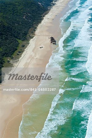 Aerial of the 75 mile beach and Mahona II shipwreck, Fraser Island, UNESCO World Heritage Site, Queensland, Australia, Pacific