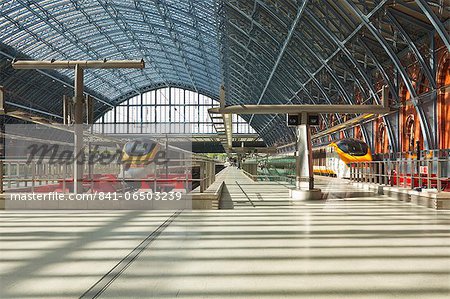 Two Eurostar trains await departure at St. Pancras International, London, England, United Kingdom, Europe
