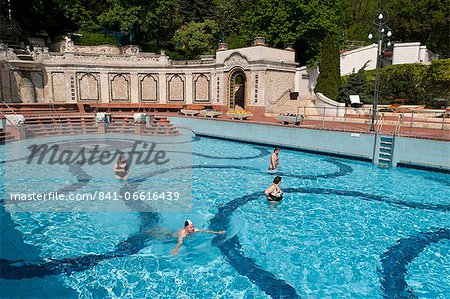 Outdoor pool with people, Gellert Baths, Budapest, Hungary, Europe