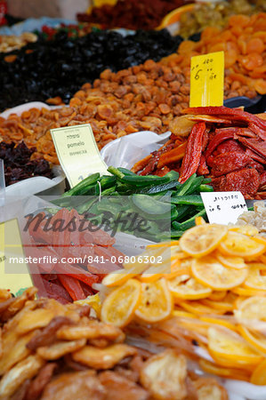 Food on a stall in Shuk HaCarmel market, Tel Aviv, Israel, Middle East