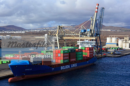 Conatiner ship in the Port of Marmoles, Arrecife, Lanzarote Island, Canary Islands, Spain, Atlantic, Europe