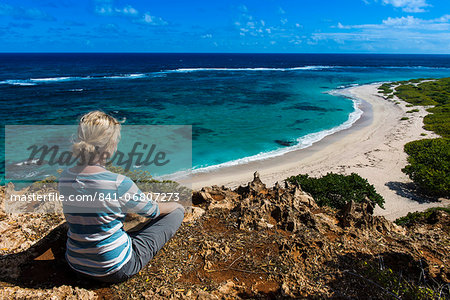 Tourist enjoying the beautiful scenery of Barbuda, Antigua and Barbuda, West Indies, Caribbean, Central America