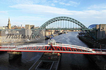 River Tyne Spanned By The Swing Bridge Tyne Bridge And