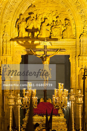 Semana Santa (Holy Week) float outside Seville Cathedral, Seville, Andalucia, Spain, Europe