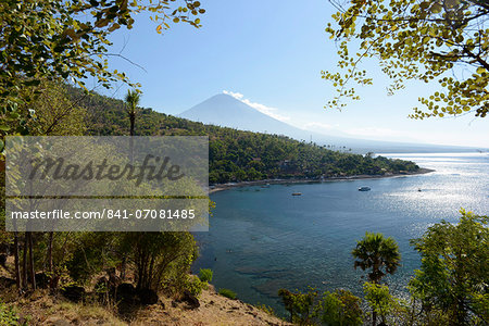 Amed, view of the coast and volcano of Gunung Agung, Bali, Indonesia, Southeast Asia, Asia
