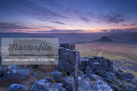View towards Leather Tor from Sharpitor at dawn in winter, Dartmoor National Park, Devon, England, United Kingdom, Europe