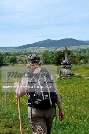 Pilgrim walking on the Way of St. James, Christian pilgrimage route towards Saint-Jacques-de-Compostelle (Santiago de Compostela), Languedoc-Roussillon, France, Europe