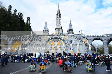 Gathering at Notre-Dame-du-Rosaire's basilica in the city of Lourdes, Hautes-Pyrenees, France, Europe