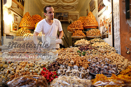 Sweets and pastries on market stall, Marrakech, Morocco, North Africa, Africa
