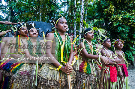 Traditionally dressed islanders posing for the camera, Island of Yap, Federated States of Micronesia, Caroline Islands, Pacific