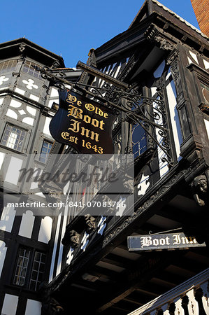 The half-timbered facade of Ye Olde Boot Inn, dating from 1643, a traditional British pub, in Chester, Cheshire, England, United Kingdom, Europe