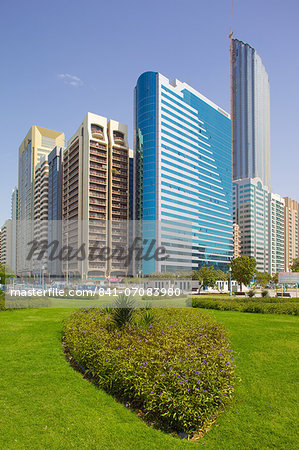 Contemporary architecture along the Corniche, Abu Dhabi, United Arab Emirates, Middle East