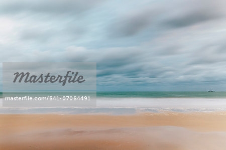 Carbis Bay beach looking to Godrevy Point at dawn, St. Ives, Cornwall, England, United Kingdom, Europe