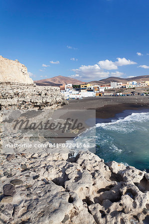 View from the limestone terraces to the fishing village, Ajuy, Fuerteventura, Canary Islands, Spain, Atlantic, Europe