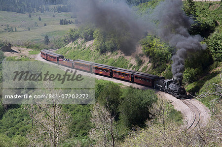 New Mexico and Colorado, Cumbres and Toltec Scenic Railroad, National Historic Landmark, narrow guage, steam powered locomotives, with tourist cars, United States of America, North America