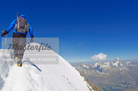 Climber on Breithorn mountain, 4164m, Zermatt, Valais, Swiss Alps, Switzerland, Europe