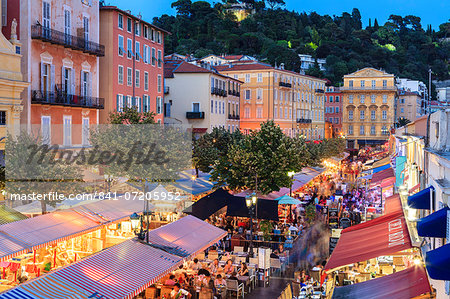 Open air restaurants in Cours Saleya, Nice, Alpes-Maritimes, Provence, Cote d'Azur, French Riviera, France, Europe