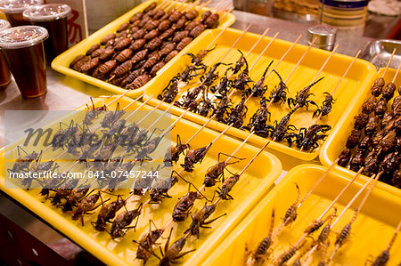Deep fried grasshoppers, silkworms and scorpions for sale in the Night Market, Wangfujing Street, Beijing, China