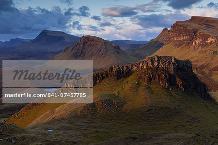 Dramatic early light on the Trotternish ridge as viewed from the Quiraing, Trotternish, Isle of Skye, Scotland, United Kingdom, Europe