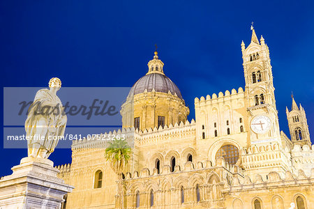 Palermo Cathedral at night (Duomo di Palermo), showing statue, dome and clock tower, Palermo, Sicily, Italy, Europe