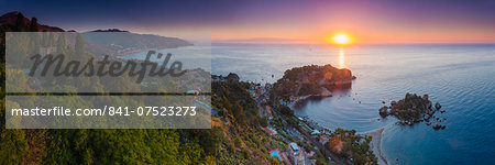 The Sicilian coast at sunrise, showing Isola Bella Beach, Taormina, Sicily, Italy, Mediterranean, Europe