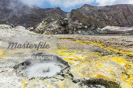 An active andesite stratovolcano on White Island, off the east side of North Island, New Zealand, Pacific