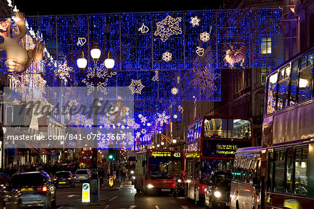 Christmas decorations and traffic in Regent Street, London, United Kingdom
