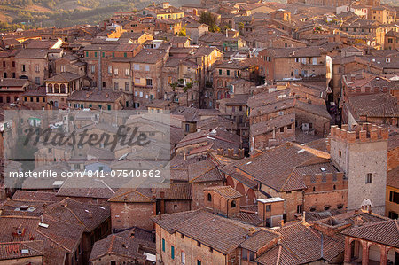 Aerial view of Siena from Il Torre, clock tower, in Piazza del Campo, Siena, Italy