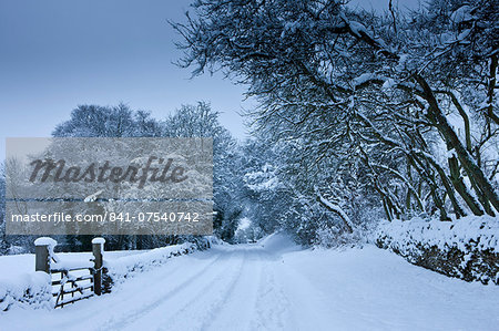 Traditional snow scene in a country lane in The Cotswolds, Swinbrook, Oxfordshire, United Kingdom