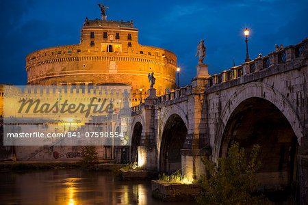 Pont Sant' Angelo and Castel Sant' Angelo at dusk, Rome, Lazio, Italy, Europe