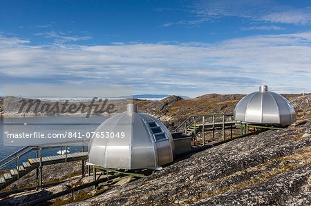 Modern igloo cabins for rent from the Hotel Arctic in the town of Ilulissat, Greenland, Polar Regions