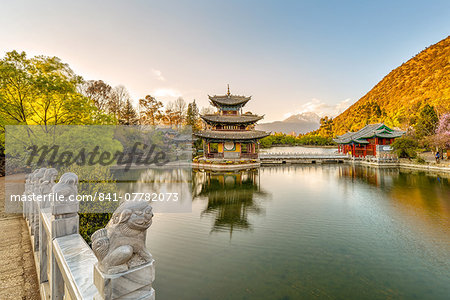 Moon Embracing Pagoda (Deyue Pavilion) as seen from Suocui Bridge in Jade Spring Park, Lijiang, Yunnan Province, China, Asia