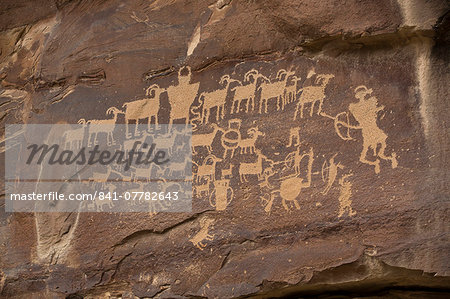 The Great Hunt Panel, Fremont style petroglyphs from AD 700 to AD 1200, Cottonwood Canyon near the junction of Nine Mile Canyon, Utah, United States of America, North America