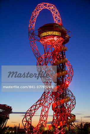 Orbit tower at twilight by Arcelor Mittal in the 2012 London Olympic Park, Stratford, London, England, United Kingdom, Europe