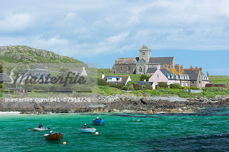 The ancient Iona Abbey and St. Oran's Chapel on the Isle of Iona, Inner Hebrides and Western Isles, Scotland, United Kingdom, Europe