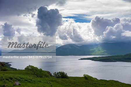 Panoramic view across Loch Na Keal to Ben More mountain on the Isle of Mull, Inner Hebrides, Western Isles, Scotland, United Kingdom, Europe Panoramic view across Loch Na Keal to Ben More mountain on the Isle of Mull, Inner Hebrides, Western Isles, Scotland, United Kingdom, Europe