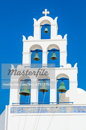 Greek church bell tower of Panagia Platsani, Oia, Santorini (Thira), Cyclades Islands, Greek Islands, Greece, Europe