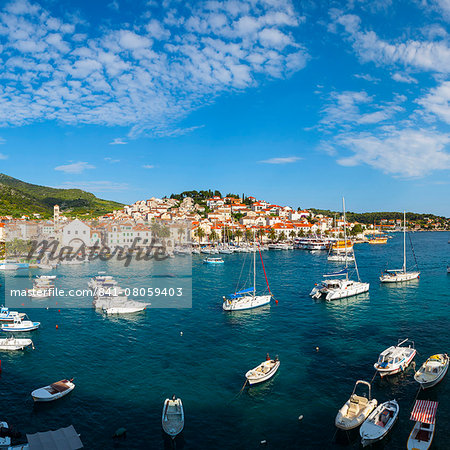 Elevated view over Hvar's picturesque harbour, Stari Grad (Old Town), Hvar, Dalmatia, Croatia, Europe