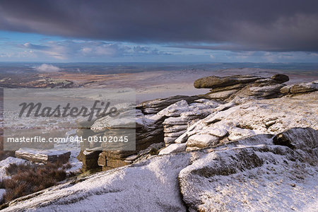 Snow covered granite rocks at Great Mis Tor in winter, Dartmoor National Park, Devon, England, United Kingdom, Europe