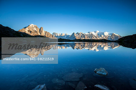 Panorama from Lac des Cheserys, a great terrace from which to admire Mont Blanc range, Haute Savoie, French Alps, France, Europe