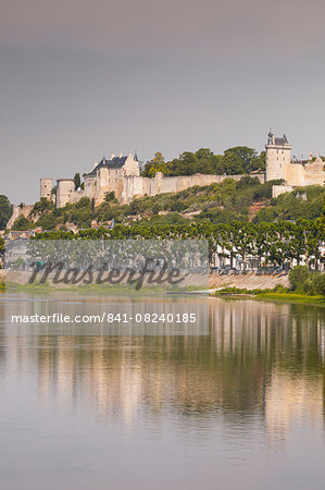 Looking down the River Vienne towards the town and castle of Chinon, Indre et Loire, France, Europe