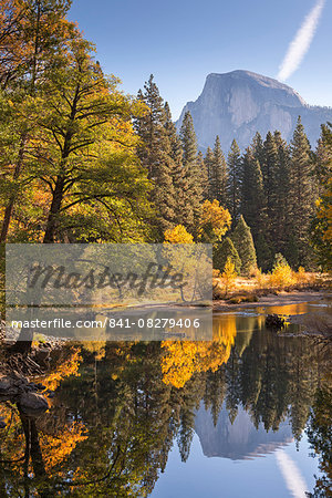 Half Dome and the Merced River surrounded by fall foliage, Yosemite National Park, UNESCO World Heritage Site, California, United States of America, North America