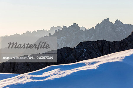 Dawn lights frames Cadini of Misurina. Dolomites. Auronzo of Cadore. Veneto. Italy. Europe