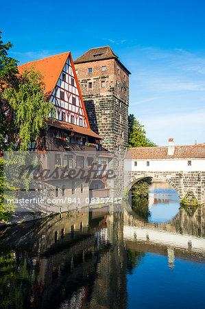 Old timbered houses and hanging tower, Nuremberg, Middle Franconia, Bavaria, Germany, Europe