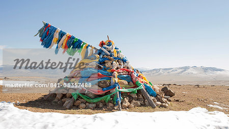 An ovoo, traditional place of worship in the middle of the Mongolian countrtyside, Mongolia, Central Asia, Asia