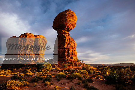 Balanced Rock at dusk, Arches National Park, Utah, United States of America, North America