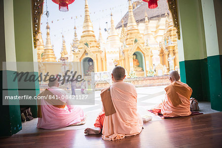 Buddhist Nuns praying at Shwedagon Pagoda (Shwedagon Zedi Daw) (Golden Pagoda), Yangon (Rangoon), Myanmar (Burma), Asia