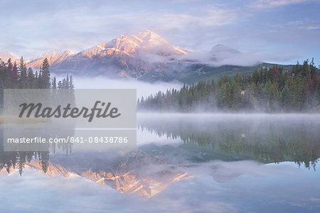 Mist shrouded Pyramid Lake at dawn in the Canadian Rockies, Jasper National Park, UNESCO World Heritage Site, Alberta, Canada, North America