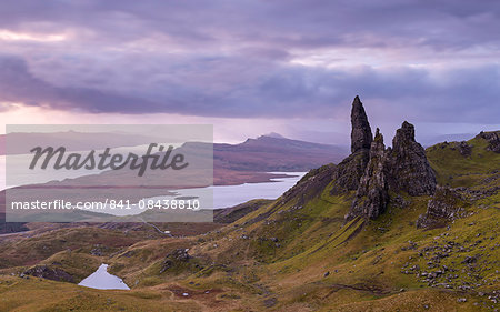 Atmospheric sunrise above the Old Man of Storr on the Isle of Skye, Inner Hebrides, Scotland, United Kingdom, Europe